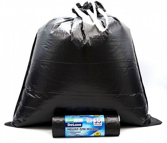 Мешки для мусора 35 л с завязками 30 мкм, ПСД, черные (в рулоне 10 штук, 50х60 см) - Вид 2